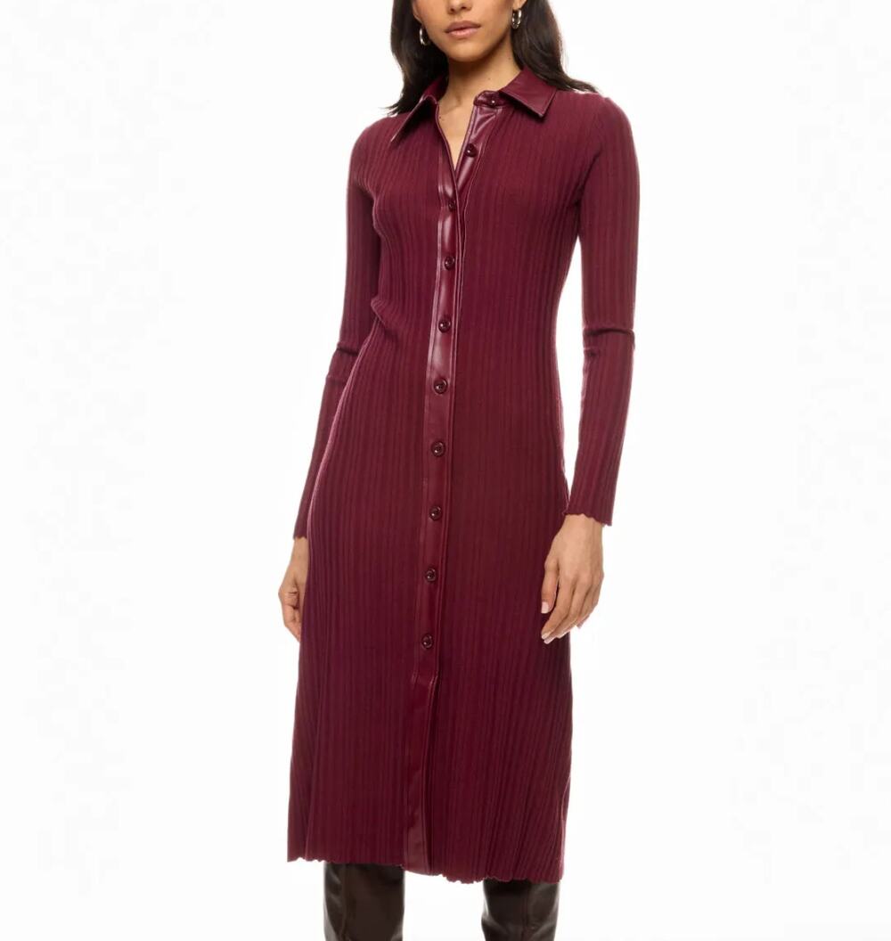 Toccin Burgundy Ribbed Knit Shirt Dress MEDIUM Midi Office Work Designer $525